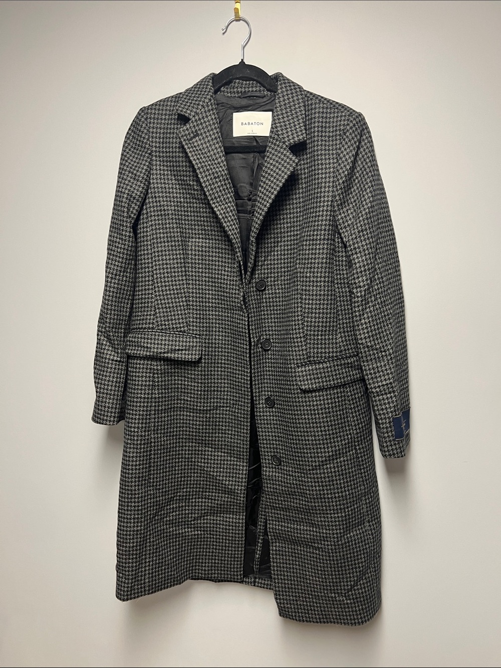 Babaton Black and Gray Houndstooth Long Pea Coat